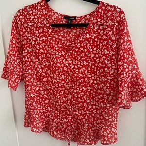 Aqua Ditsy Floral Cinched Top in Red